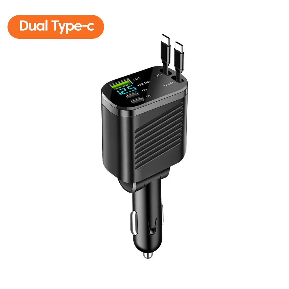 Billaddare med digital display och indragen USB-C till USB-C-kabel och Lightning